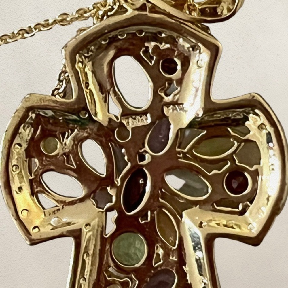 FAS Sterling Silver Gold Vermeil Gemstone Cross Pendant w/ Cable Chain Necklace  - Picture 2 of 4